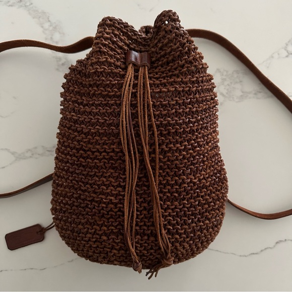 Vintage Ralph Lauren Hand Knit Open Weave Leather Backpack Dark Chocolate Brown - Picture 2 of 8
